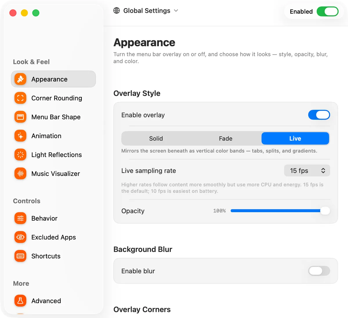 Dynamic Menu Bar’s Appearance settings: the Solid, Fade and Live styles, the live sampling rate, opacity, background blur and overlay corners
