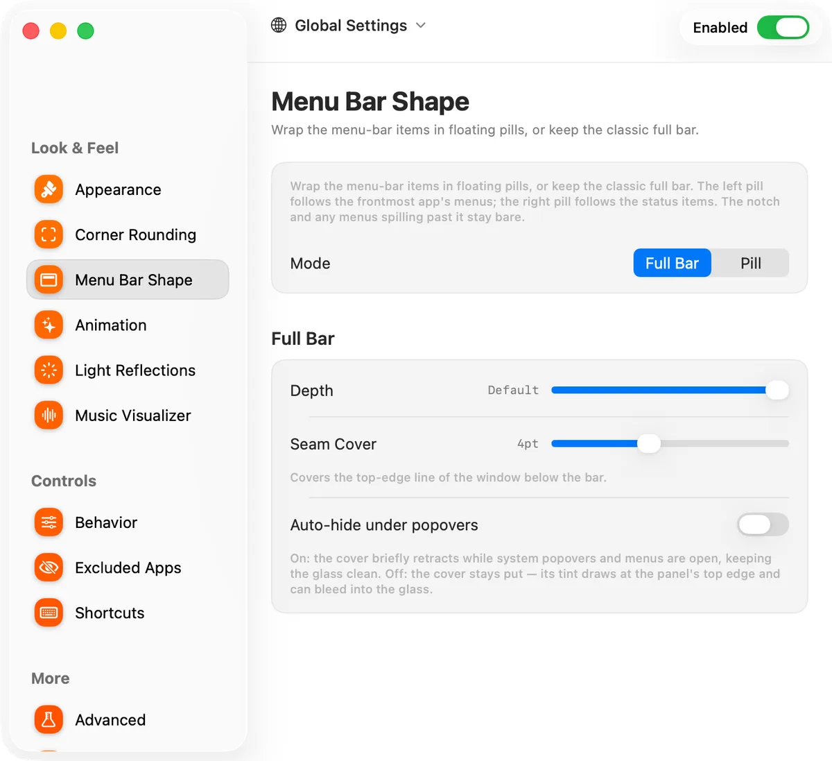 Dynamic Menu Bar’s Menu Bar Shape settings: Full Bar or Pill