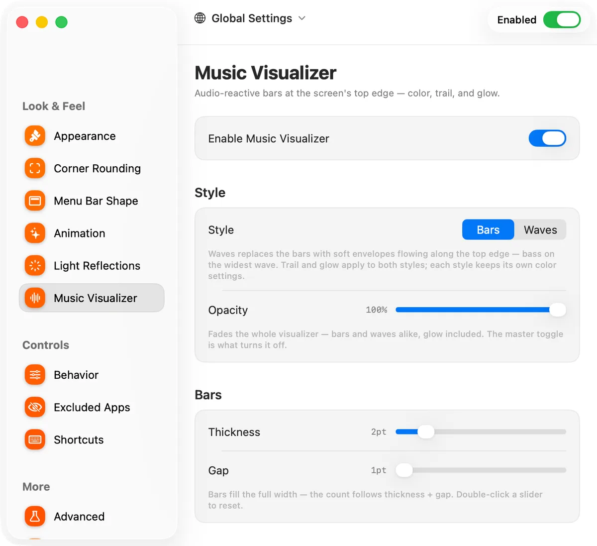 Dynamic Menu Bar’s Music Visualizer settings: Bars or Waves, opacity, bar thickness and gap