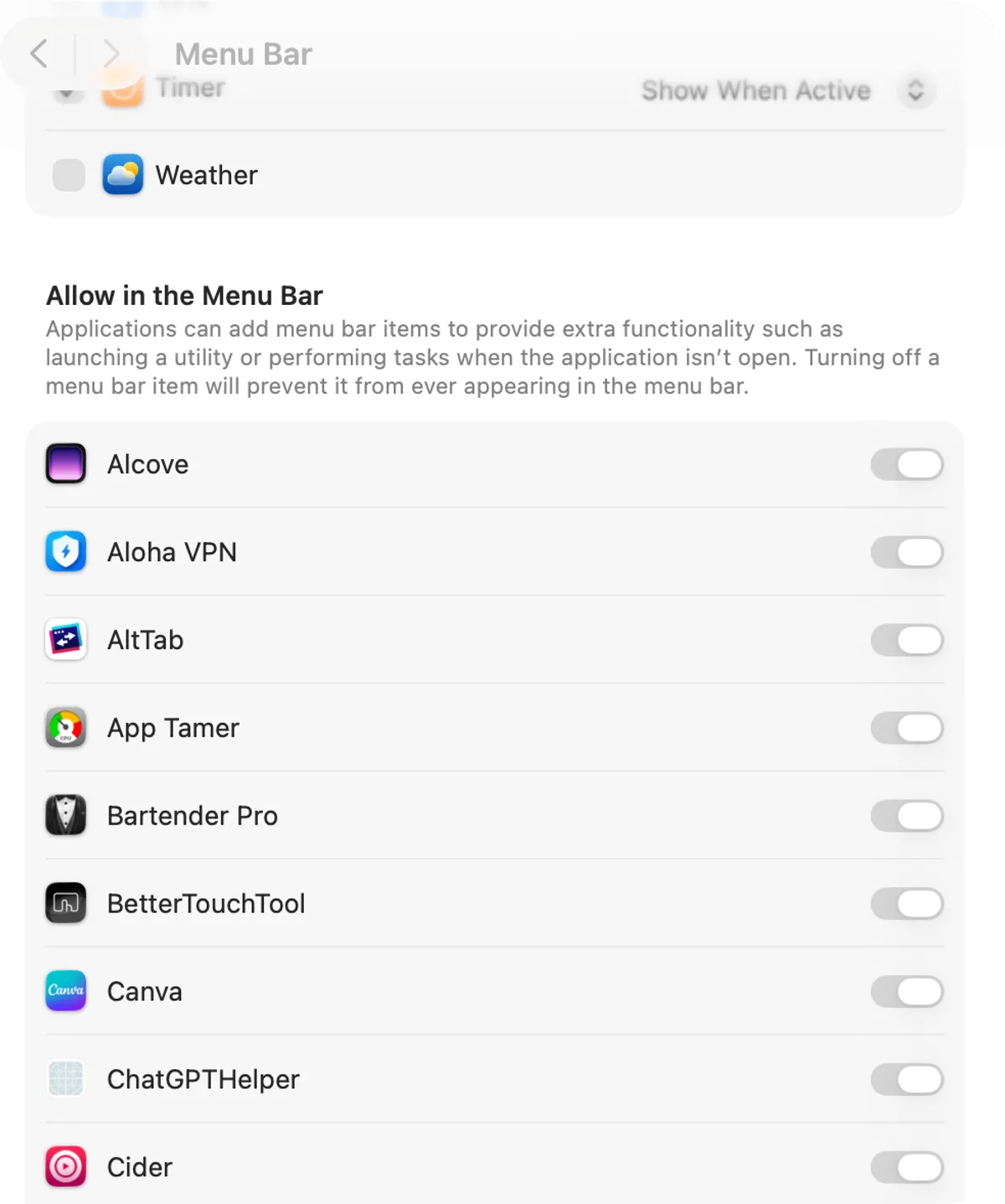 The Allow in the Menu Bar list in System Settings › Menu Bar, one switch per third-party app